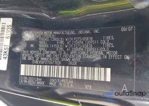 2007 Toyota Tundra Limited 5.7L V8 from USA, damaged, VIN 5TBEV58177S471936